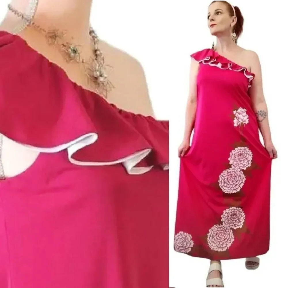 VTG 60s Alfred Shaheen Hand Painted Pink One Shoulder Maxi Dress 10 LG RARE - Picture 6 of 12